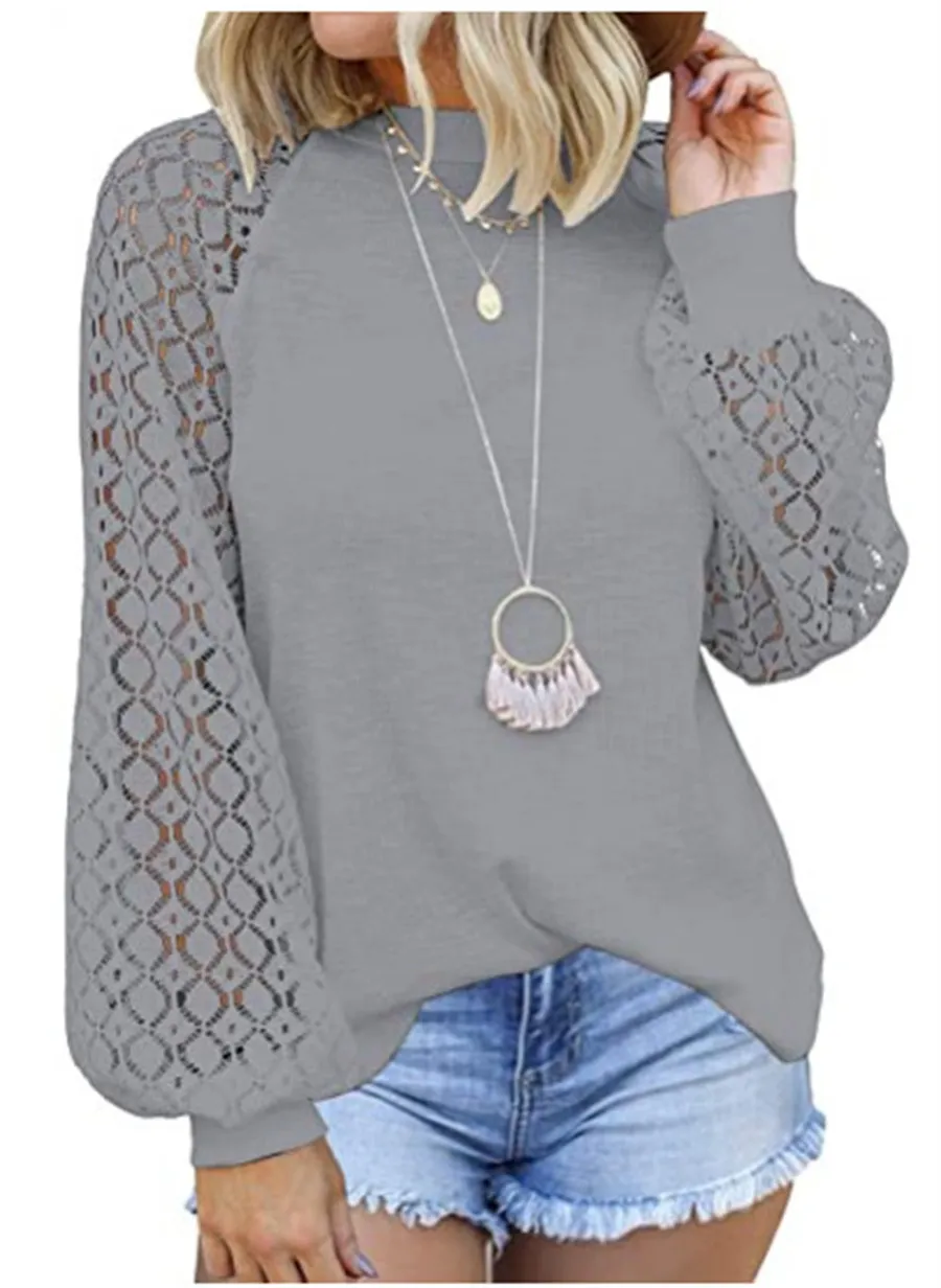 Autumn Women Clothing Long-sleeved T-shirt Tops Lace Patchwork Hollow-out Design Solid Color Casual O-neck Puff Sleeve Pullovers Tees