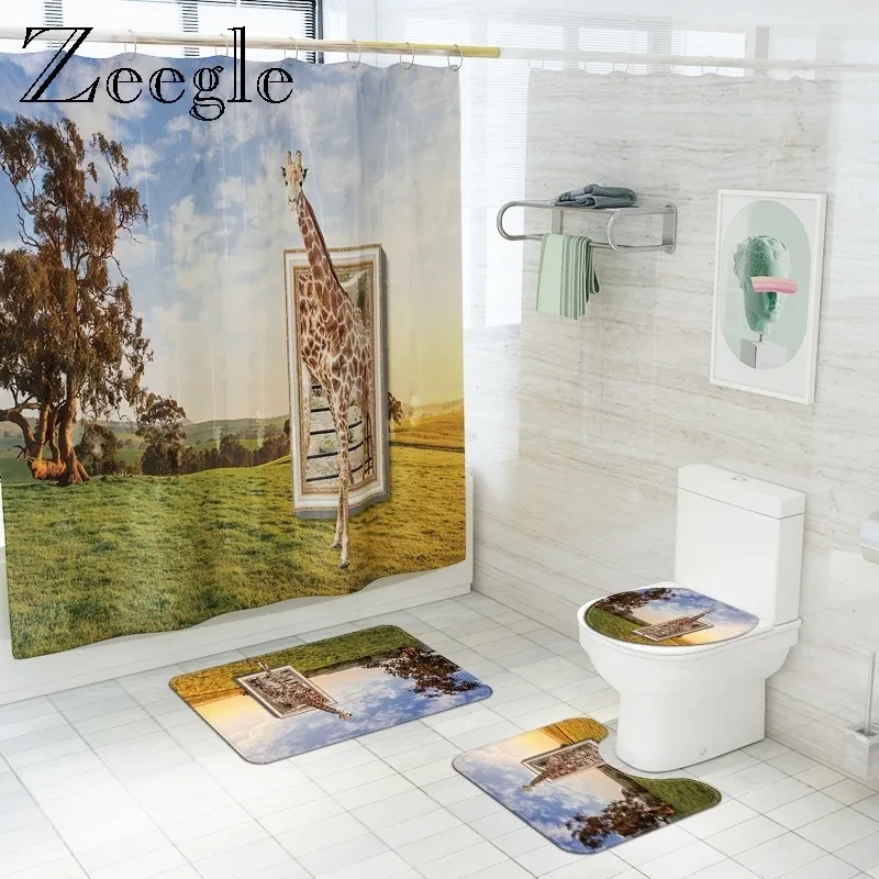 Zeegle 3D Giraffe Bath Mat with Shower Curtain Set Polyester Waterproof Shower Curtain Bathroom Floor Mat Toilet Rug Set