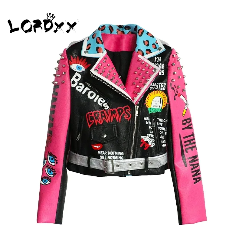 Veste en cuir Lordexx Femmes Streetwear Club Punk Automne Fashion Veste recadrée avec ceinture Multicolore Moto Manteaux 201017