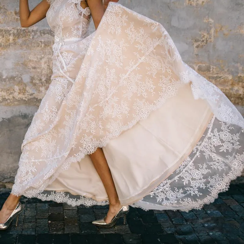 Boho Beach Wedding Lace midi dress - Vintage Beige and Ivory Lace Bridal Gown with Open Back Boho Beach Wedding Lace midi dress - Vintage Beige and Ivory Lace Bridal Gown with Open Back