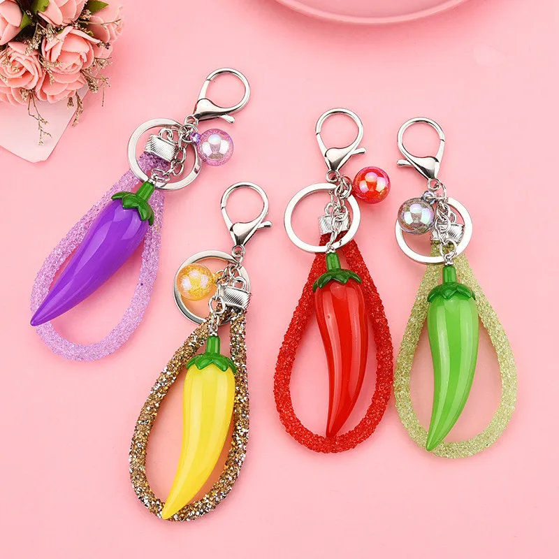 Cute Simulation Mini Pepper Chaveiro Keychain Car Bag Key Chain Gifts for Women Lovers Acrylic Flashing Key Ring Keyfob Jewelry