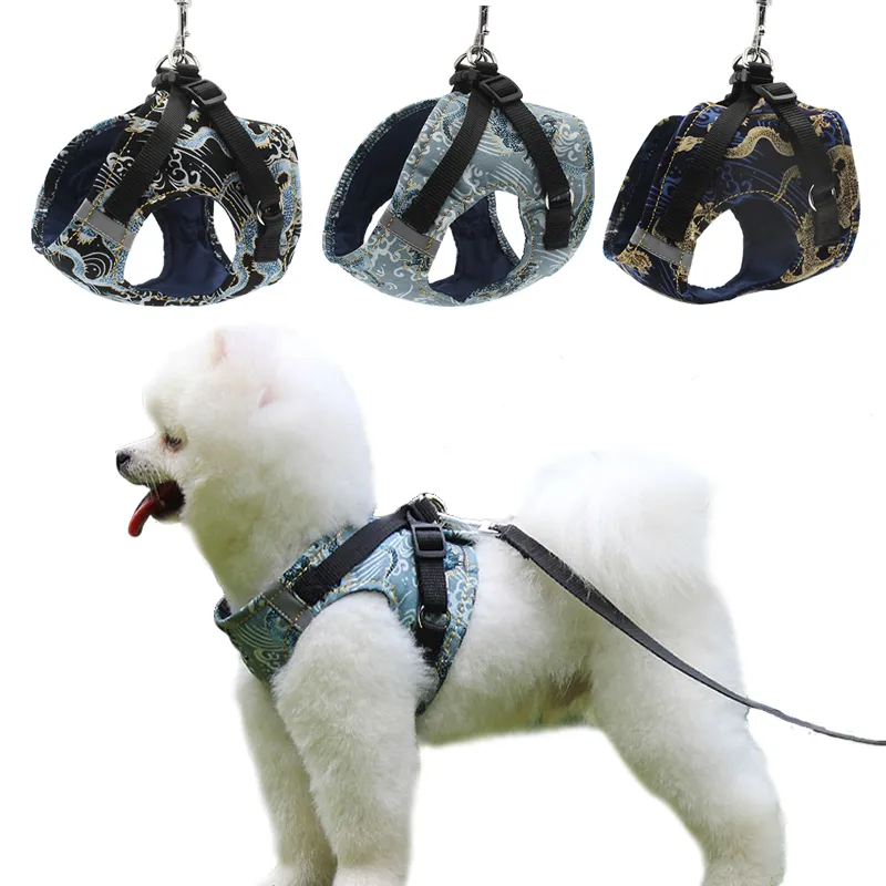 Pet Dog Collar Cat uprząż z smyczy regulowany kamizelka spacerowa Miękkie oddychające chiński styl szczeniak dla małych wielkich psów Medidum