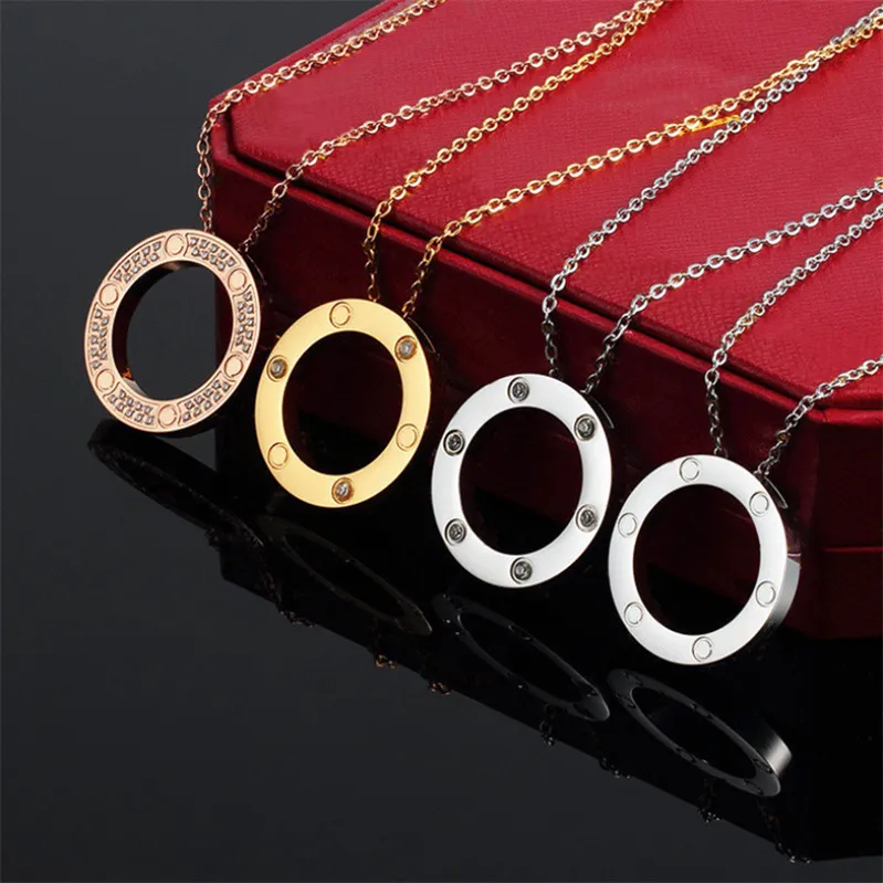 Mujeres hombres collar diseñador joyería cristal diamante círculo colgante simple clásico acero inoxidable rosa plata oro collar collar para mujer collares no alérgicos