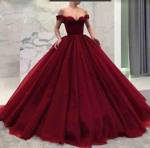 مذهل الكتف معطلة الحبيب والكم الهائل الطيات تنورة النبيذ الأحمر الطابق طول Quinceanera الكرة بثوب غالا فستان دي AÑOS المبتدأ