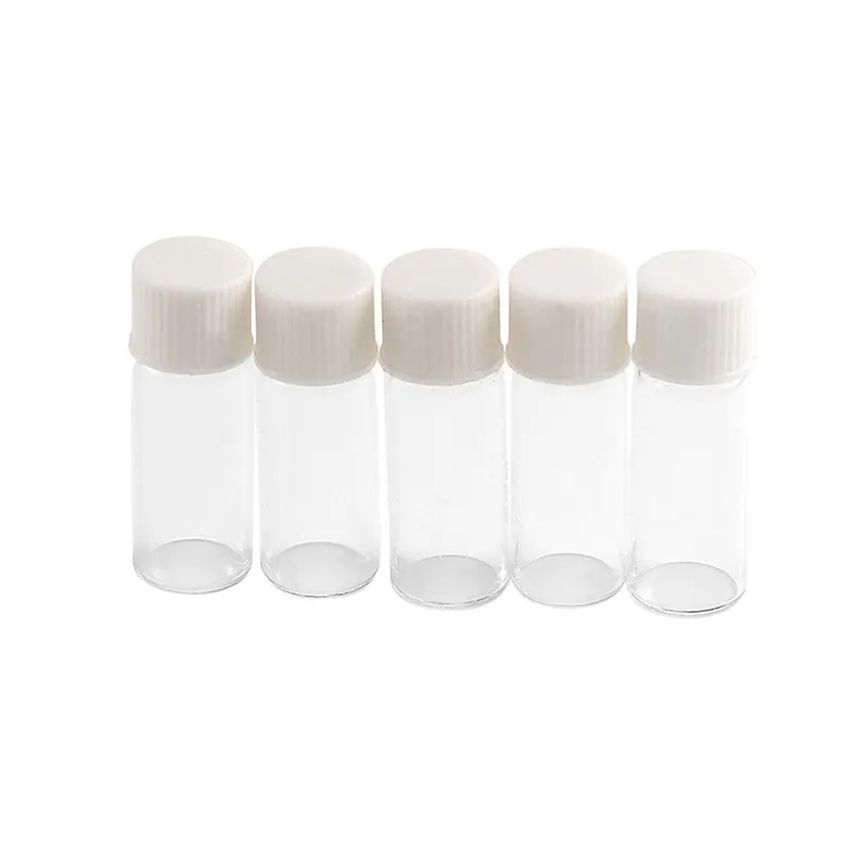 Garrafas 1ml Mini vidro frascos White Cap plástico vazio pequena garrafa transparente tampa Jars Screw 10 * 28 * 6 milímetros Atacado 100pcs