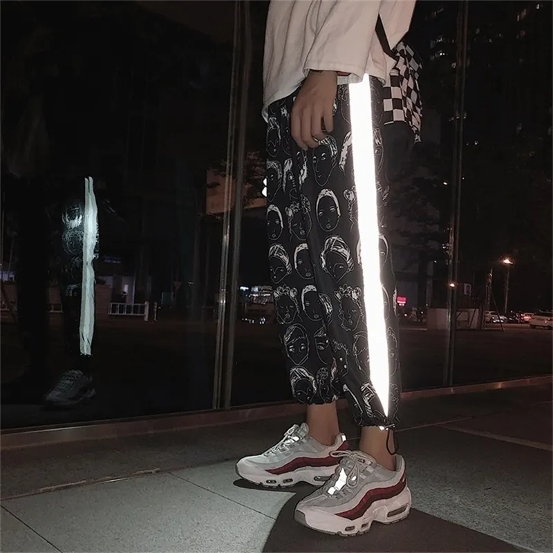 Houzhou calças reflexivas mulheres hip hop corredores mulheres calça feminina impressão calças gótico plus size streetwear 20119