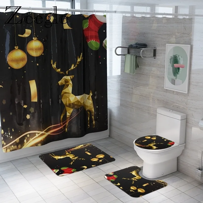 Bath Mat and Shower Curtain Set Printed Christmas Reindeer Bathroom Carpet Toilet Cover Floor Rugs Anti Slip Mat Set