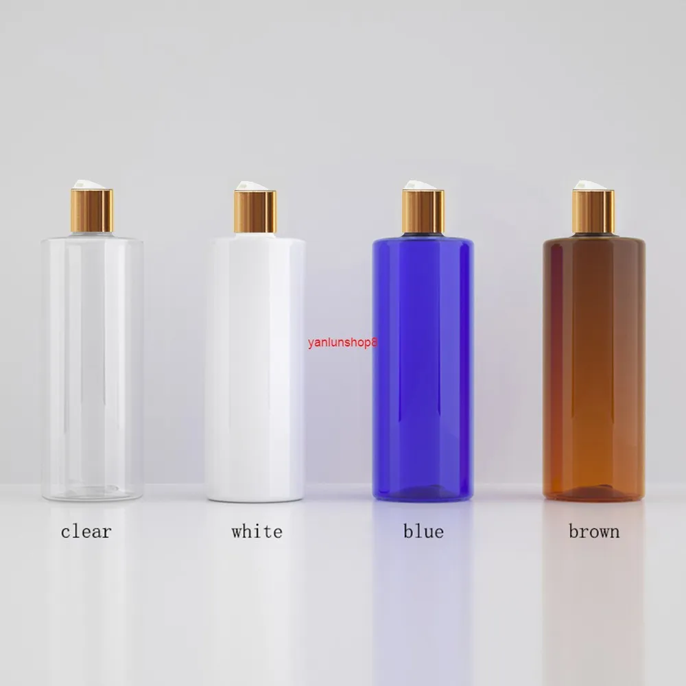 Bottiglia di shampoo in plastica vuota blu chiaro marrone bianco da 500 ml 14 pezzi / lotto con tappo superiore a disco dorato, confezione di bottiglia di olio essenziale in PET da 17 once