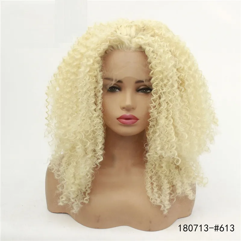 613 blonde synthetische kant frontale pruiken afro kinky krullend leenpruik pruik hoge temperatuur vezel perruques de cheveux humains 180713- # 613