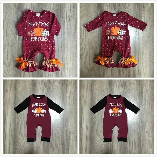 Ringraziamento Girlymax Neonate Ragazzi Bambino Wine Farm Fresh Pumpkin abbigliamento pagliaccetto infantile pois cotone pagliaccetto volant 201023