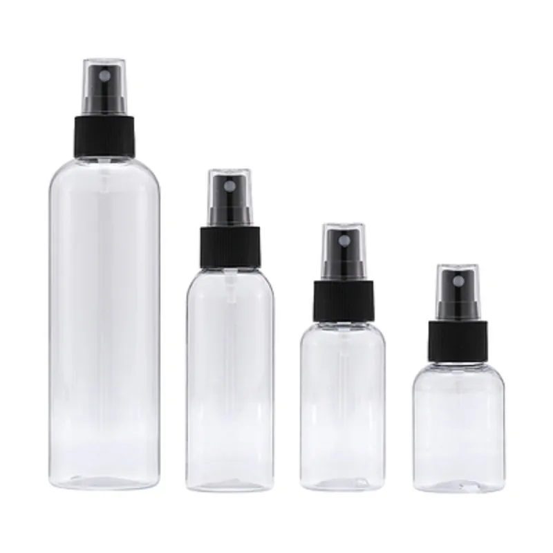 Navulbare fles doorzichtige plastic ronde schouder Pet zwarte kraag met transparante deksel zwarte perspomp draagbare cosmetische verpakkingen flessen 50 ml 75 ml 100 ml 250 ml