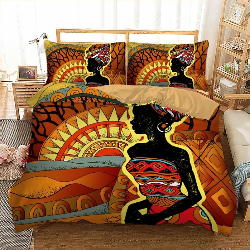 アフリカ人の寝具セット女性布団カバーツインフルクイーンキングサイズホームテキスタイルレッドオレンジベッドクロス3ピースのドロップシッピング201021