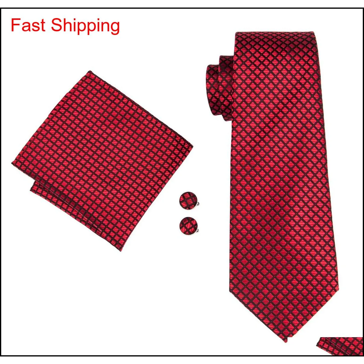 red silk ties for wholesale men plaid and checks necktie handkerchief cufflinks gift set for wedding part business n-1607