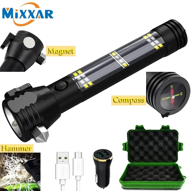 Dropship Car Flashlight Solar Flashlight USB Rechargeable Tactical 7 Mode Multi-function Torch bright Compass Power Bank Magnet 201210