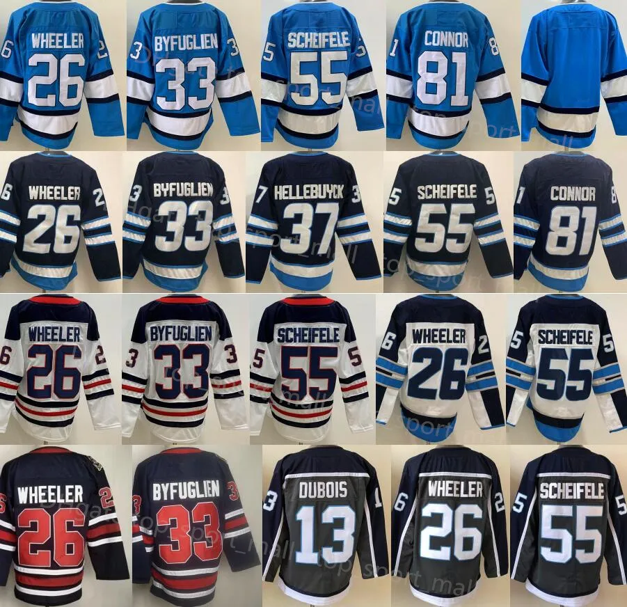 하키 리버스 레트로 55 Mark Scheifele Jersey 26 Blake Wheeler 37 Connor Hellebuyck 81 Kyle Connor Pierre-Luc Dubois Dustin Byfuglien Heritage Classic Blue Navy Men