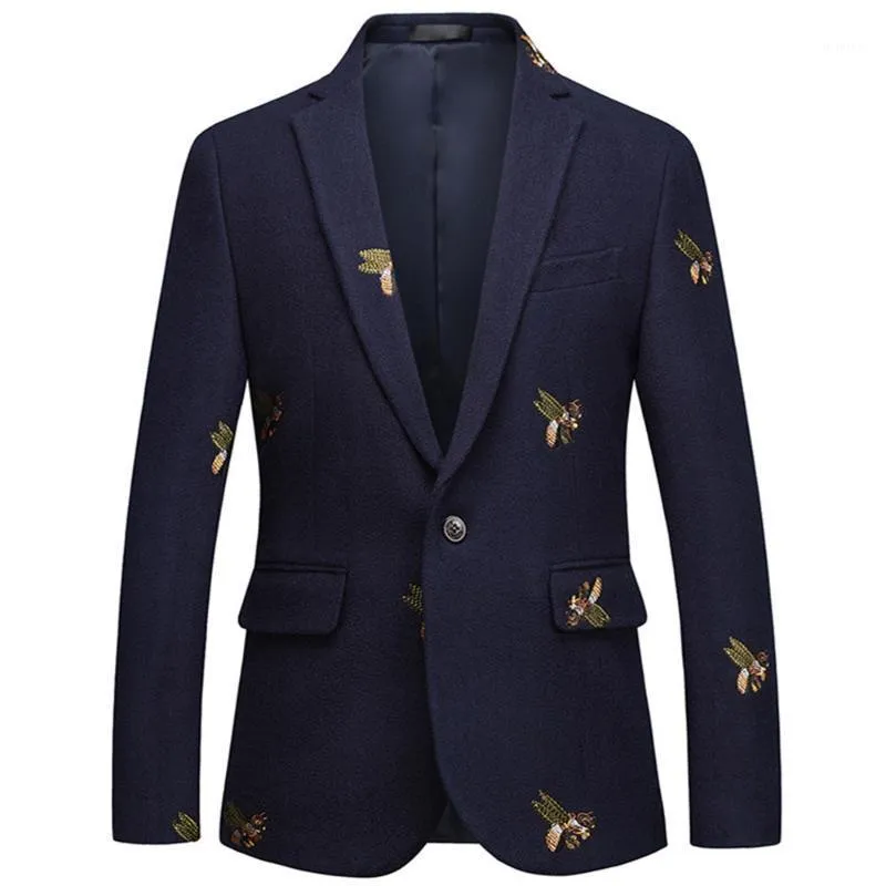 Pszczoła Haft Blazer Slim Fit Masculino Abiti Uomo 2020 Prom ślubny Blazers Tweed Wełna dla Mężczyzn Stylowa Kurtka Garnitur1