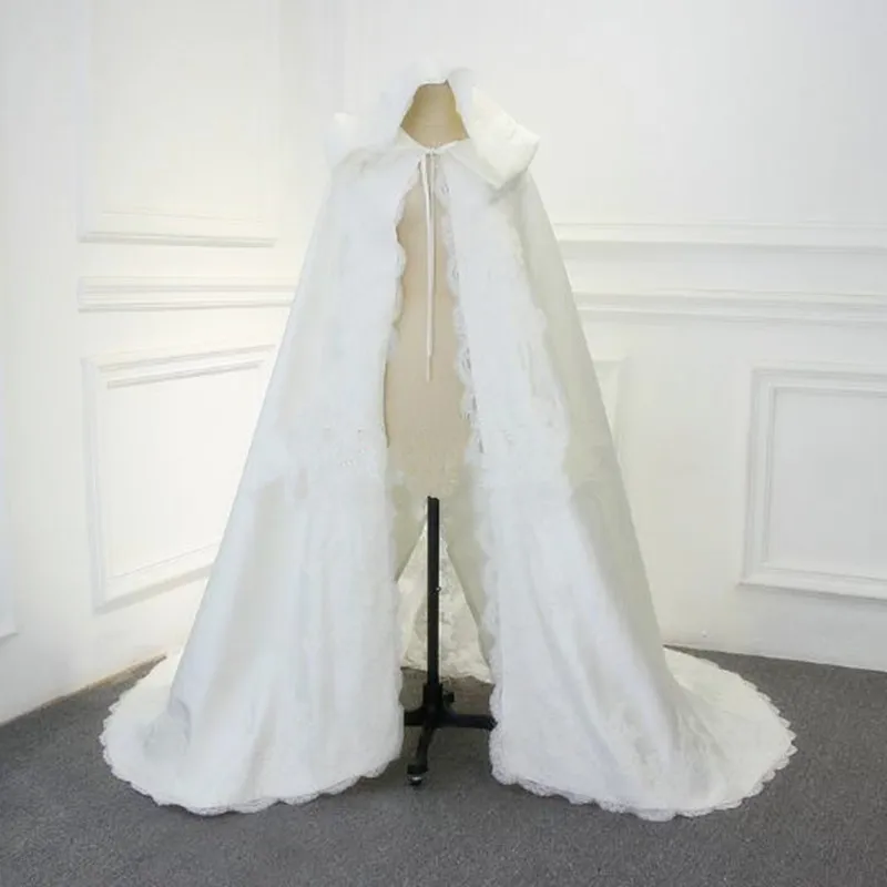 Herbst-Winter-Hochzeitskleider mit Spitzen-Samt-Umhang, Brautkapuze, langem Umhang, Schal, weiß, dick, hochwertiges Wickelkleid auf Lager