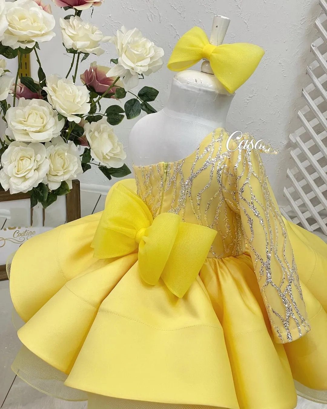 2022 Bright Yellow Flower Girl Gold Tutu Dress - Long Sleeve One Shoulder Princess Pageant Gown for First Communion, Birthday, Formal Parties with
