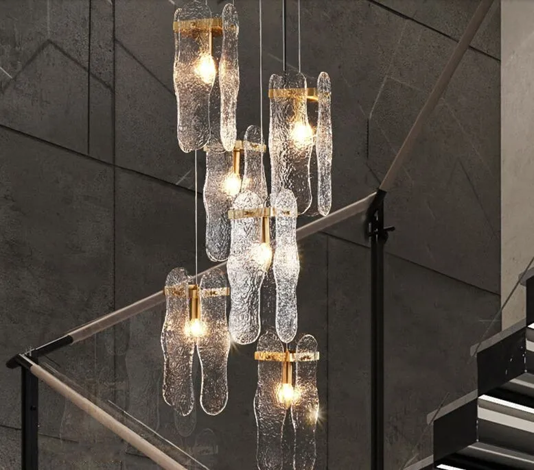 [Water rimpel] Luxe lange kroonluchters verlichting trappen duplex gebouw villa moderne LED-glas opknoping lamp binnenlicht armaturen