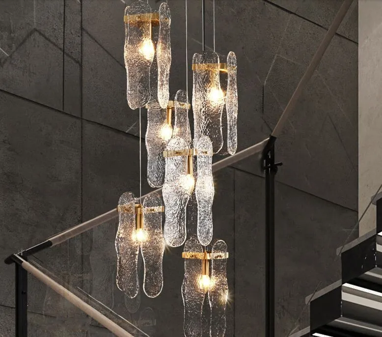 [Water Ripple]Luxury Long Chandeliers Lighting Stairs Duplex Building Villa Modern LED Glass Hanging Lamp Indoor Light Fixtures