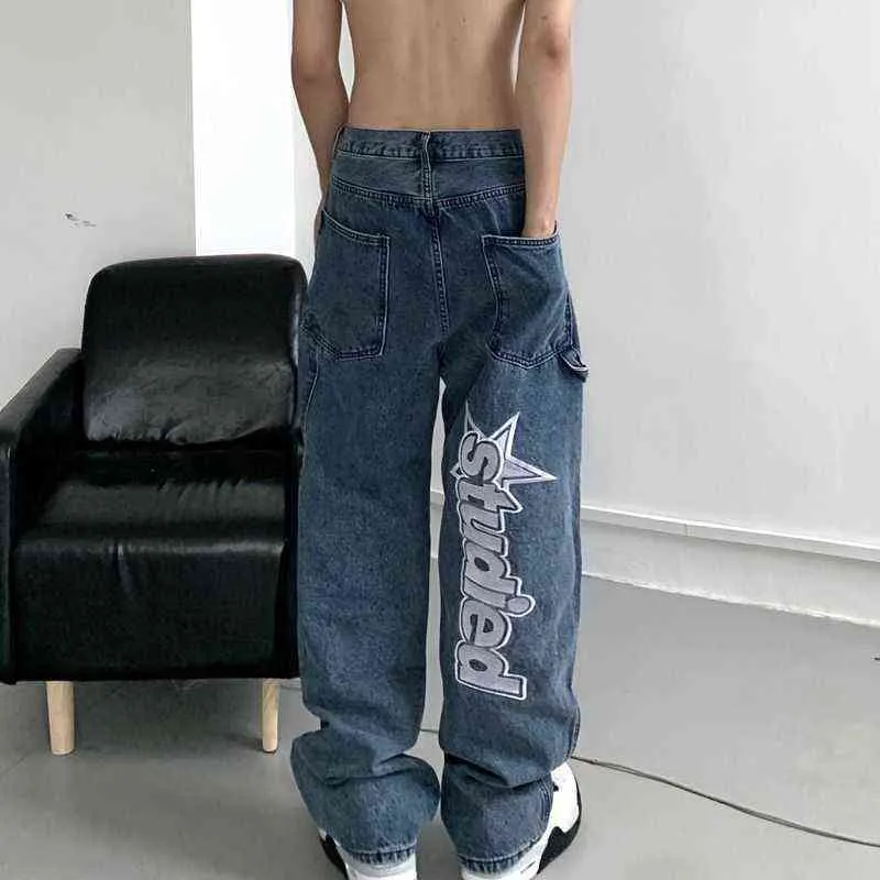 Jean streetwear rtro hip-hop avec lettres brodes pantalon ample jambes droites larges pour hommes et femmes couples 0309