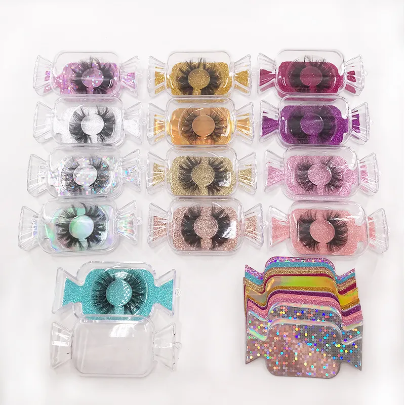 Partihandel Candy Shape Tom Acrylic Lash Packaging Case Glitter Card Tom 25mm Falska ögonfranslådor med bricka