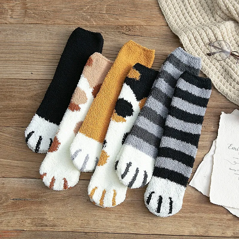 Plush Coral Fleece Sock Women's Tube Socks Autumn and Winter Cat Claw Cute Thicken Warm Sleep Floor Sleeping Socks M2951