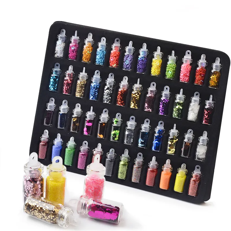 48 Flaskor Nail Art Rhinestones Pärlor Sequins Glitter Tips Dekoration Verktyg Gel Nail Stickers Mixed Design Case Set