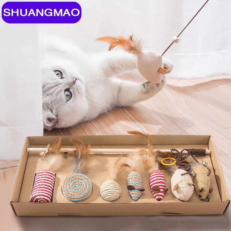 7 Stijl / 1 Set Pet Cat Hennep Touw Grappige Interactieve Stick Katten Speelgoed Kitten Muis Vissen Game Wand Feather Supplies Pets Accessoire LJ201125