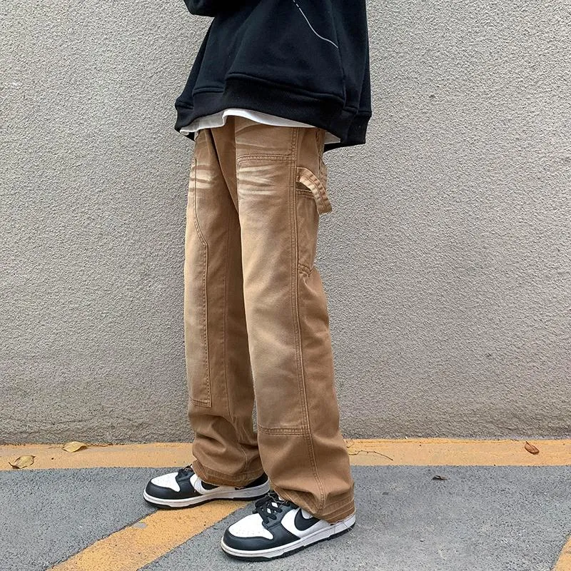 Męskie dżinsy brązowe workowate moda męska Retro Casual szerokie nogawki Streetwear luźne hip-hopowe proste spodnie dżinsowe męskie spodnie M-2XL