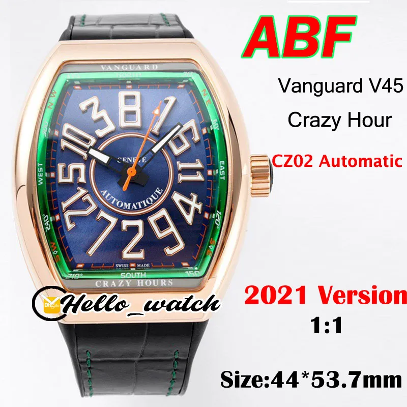 ABF New Crazy Hour Vanguard V45 Cadran bleu 3D CZ02 Montre automatique pour homme Boîtier en or rose Cuir/caoutchouc Intérieur vert Montres de sport Hello_Watch