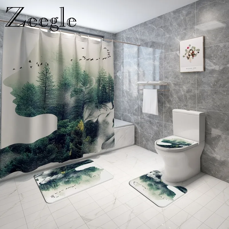 Nordic Style Printed Bath Mat and Shower Curtain Set Absorbent Toilet Floor Carpet Bath Combination Carpet Set