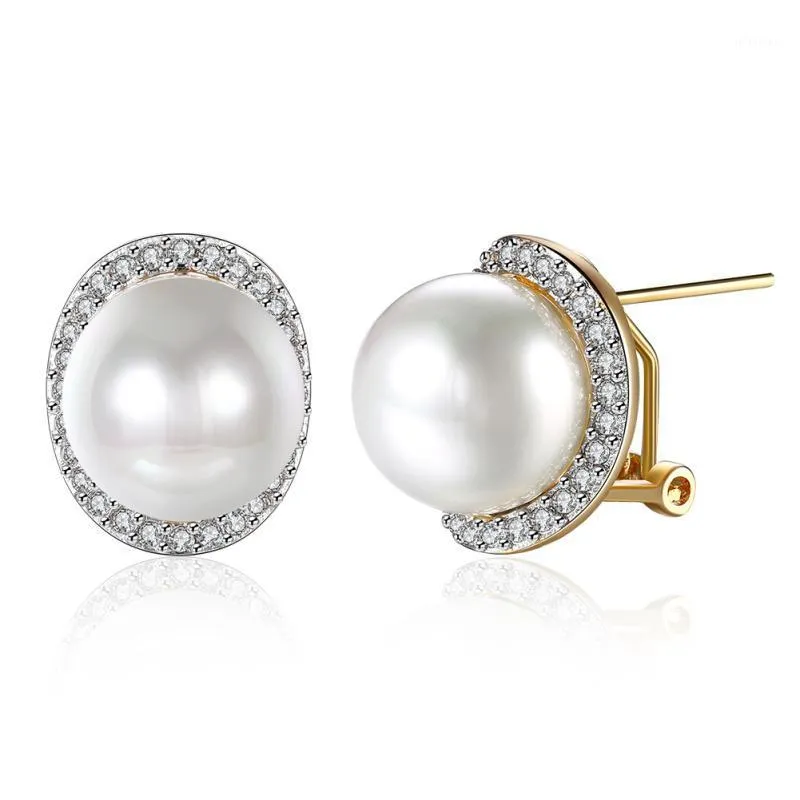 Stud Wedding Jewellry White Cubic Zirconia Pearl Earrings Gold Overlay For Women Fashion Jewelry E20961