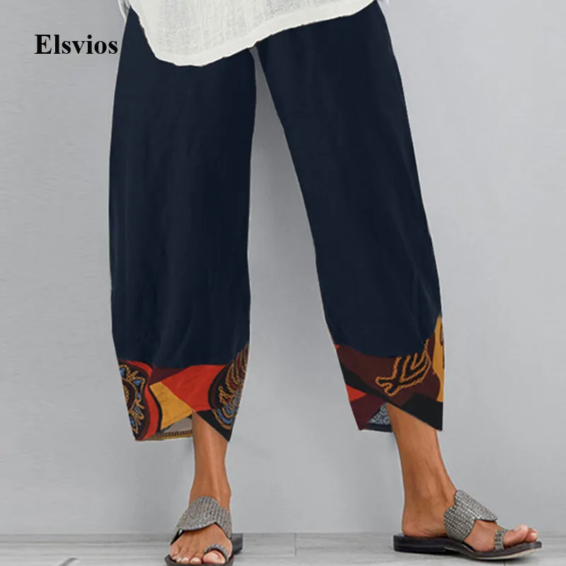 2020 Kadınlar Pamuk Keten Vintage Pantolon Yaz Elastik Bel Düzensiz Pantolon Pantalon Rahat Karahindiba Baskı Kırpılmış Pantolon 5XL T200727