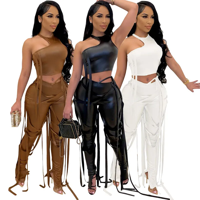 Womens Faux PU Leather Drawstring Sweatsuit Set With Lace Up Slit Brown  Leather Leggings Street Tracksuit Two Piece Fitness Outfit From  Jiehan_shop, $27.14