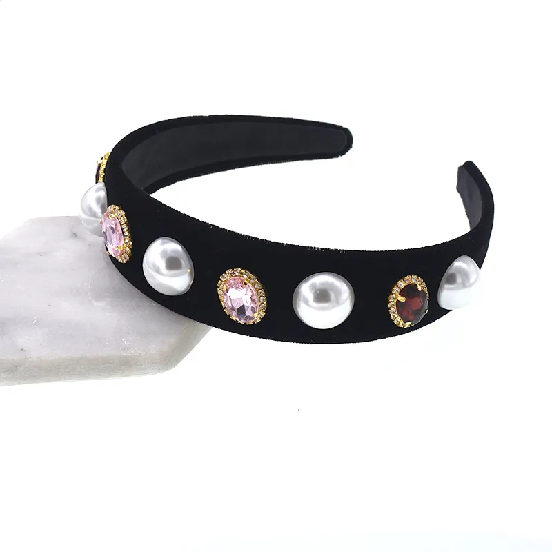 Wide Headband Luxury Baroque Retro Flower Crystal Crown Tiara Black Headwear Women Wedding Hair Jewelry Headdress Accessory
