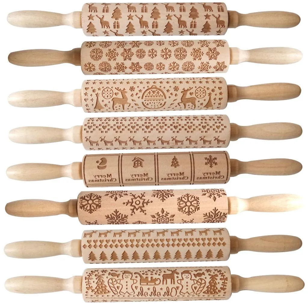 Kerst Houten Rolling Pins Gegraveerde Embossing Rolling Pin met kerstsymbolen Sneeuwvlok voor bakken reliëfkoekjes