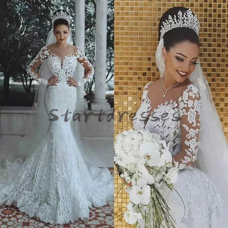 Luxo Bling Branco Sereia Vestidos de Noiva 2021 Arábia Saudita Ver através de Longa Manga Lace Princesa Boho vestido de noiva frisado Robe de Mariee