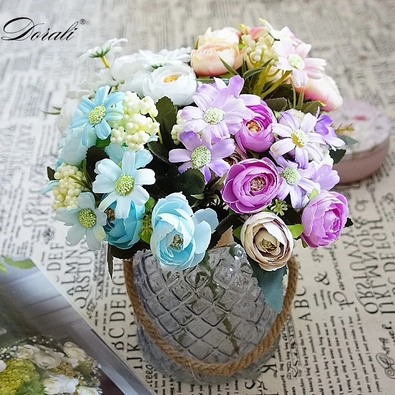Rose Artificial Silk Flowers High Quality Bouquet 12 heads Fake Flowers Daisy Bud Decoration for Wedding Home Foam Accessories