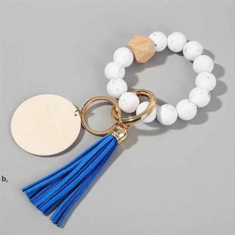7 Styles Wooden Beaded Bracelet Keyring Party Silicone Beads Keychain Handbag Pendant for Women Monogrammed Engrave Wooded Chip RRF13452