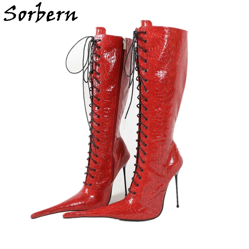 Sorbern 14 16 cm Topuk Diz Yüksek Kadın Çizmeler Uzun Sivri Toes Stilettos Lace Up Itay Stil Artı Boyutu Feminino Boot Özel Geniş Fit