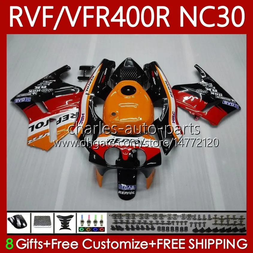 مجموعة الجسم لهوندا RVF400R VFR400 R NC30 V4 VFR400R 89-93 79NO.0 RVF VFR 400 RVF400 R 400RR 89 90 91 92 93 VFR400RR VFR 400R 1989 1990 1991 1992 1993 Fairing Repsol Orange