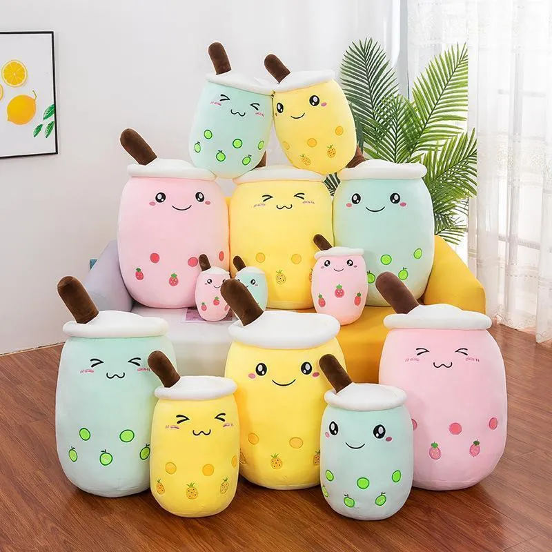 Cute Mini 24cm Fruit Drink Plush Stuffed Cushion Soft Pink Strawberry Milk Tea Plushs Boba Tea Cup Toy Bubble Pillow Kids Gift