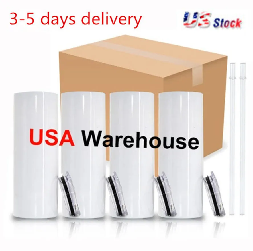 US Stock 50pcs / Carton Sublimation Blanks Tobusage droit 20 oz en acier inoxydable double mur à eau mince et tasse de gobelet avec couvercle et paille