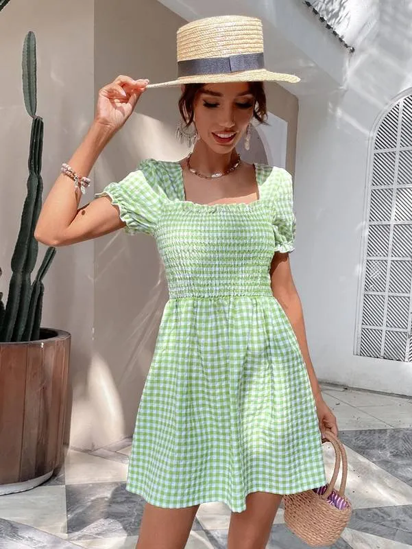 Gingham Print Shirred Bust Dress SHE