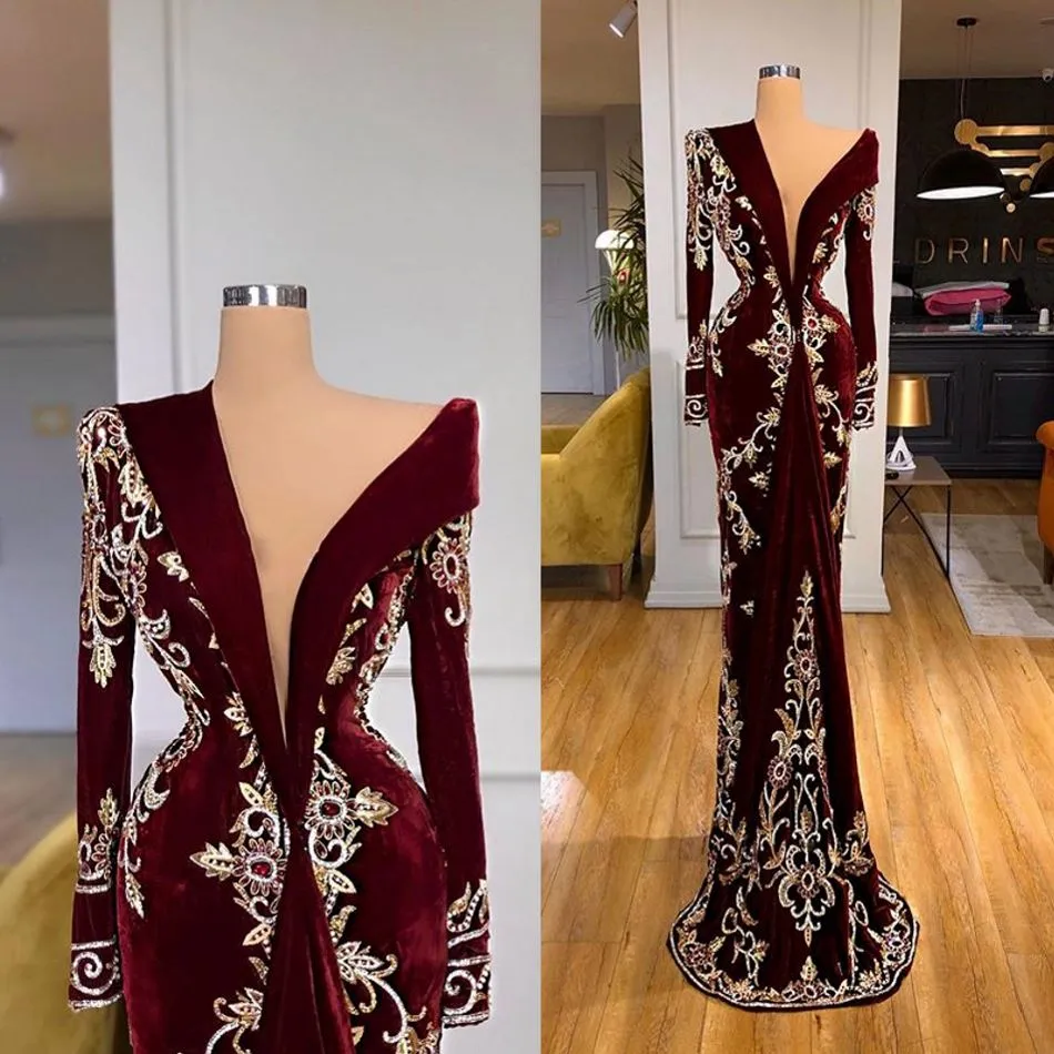 2021 Borgonha Velvet Vestidos Lace apliques de manga comprida Elegant Evening Vestidos Red Carpet vestido de novia