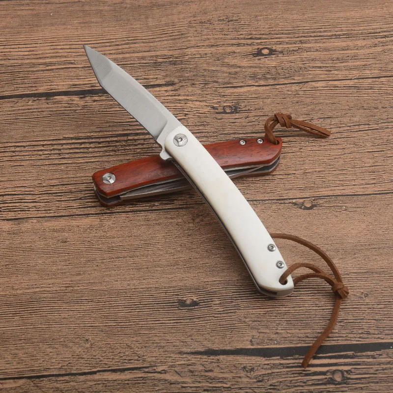 Kullager Fast Öppna Flipper Folding Kniv 14C28N Satin Tanto Point Blade Bone / Rosewood Handtag EDC Knives