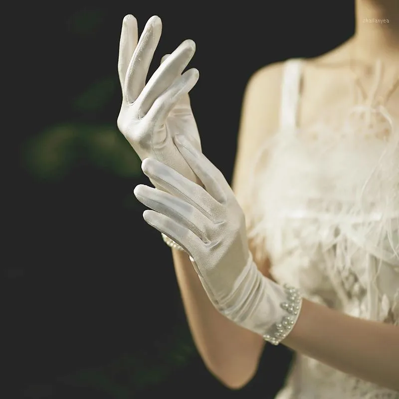 Five Fingers Gloves Women's Elegant Pearl Beaded White Satin Glove Female Spring Summer Vintage Sunscreen Driving R8481