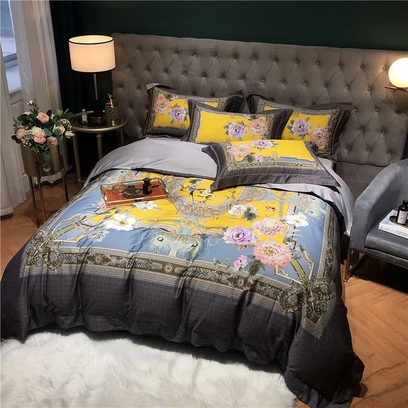 1000tc egyptisk bomull lyxig sängkläder uppsättning vintage blommiga fåglar tryckdäck täcke sängkläder uppsättning kuddecase drottning kung storlek 4pcs c0223