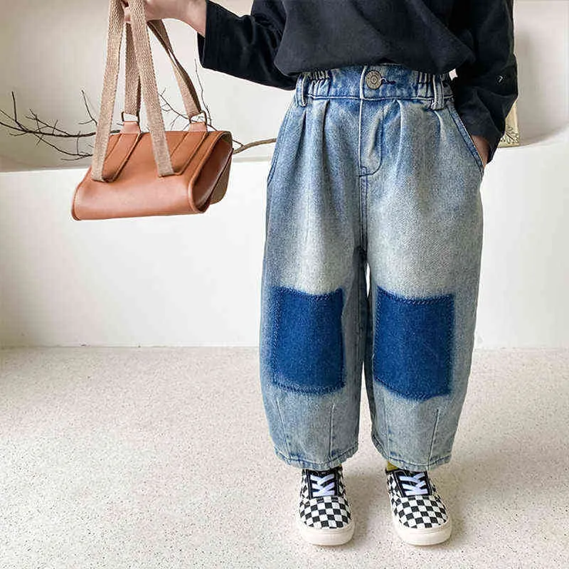 Koreański styl 2021 Moda Patchwork Jeans Chłopcy Moda Luźny Piasek Pranie Dżinsowe Spodnie 1-7y G1220
